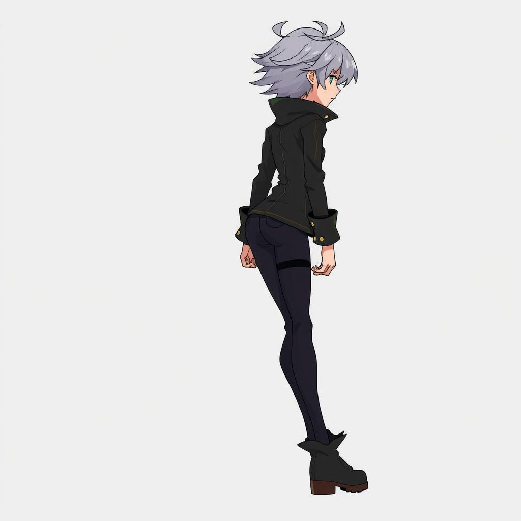 A character viewed from the side profile, designed for animation in a game, detailing the character's features and clothing for clarity