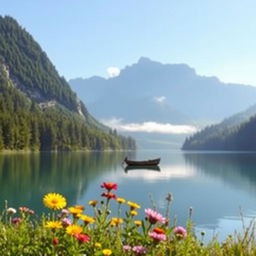 A serene landscape scene featuring a tranquil lake surrounded by lush green forests, with a clear blue sky reflected on the water's surface