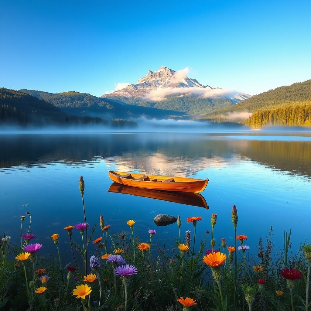 A serene landscape scene featuring a tranquil lake surrounded by lush green forests, with a clear blue sky reflected on the water's surface