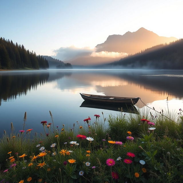 A serene landscape scene featuring a tranquil lake surrounded by lush green forests, with a clear blue sky reflected on the water's surface