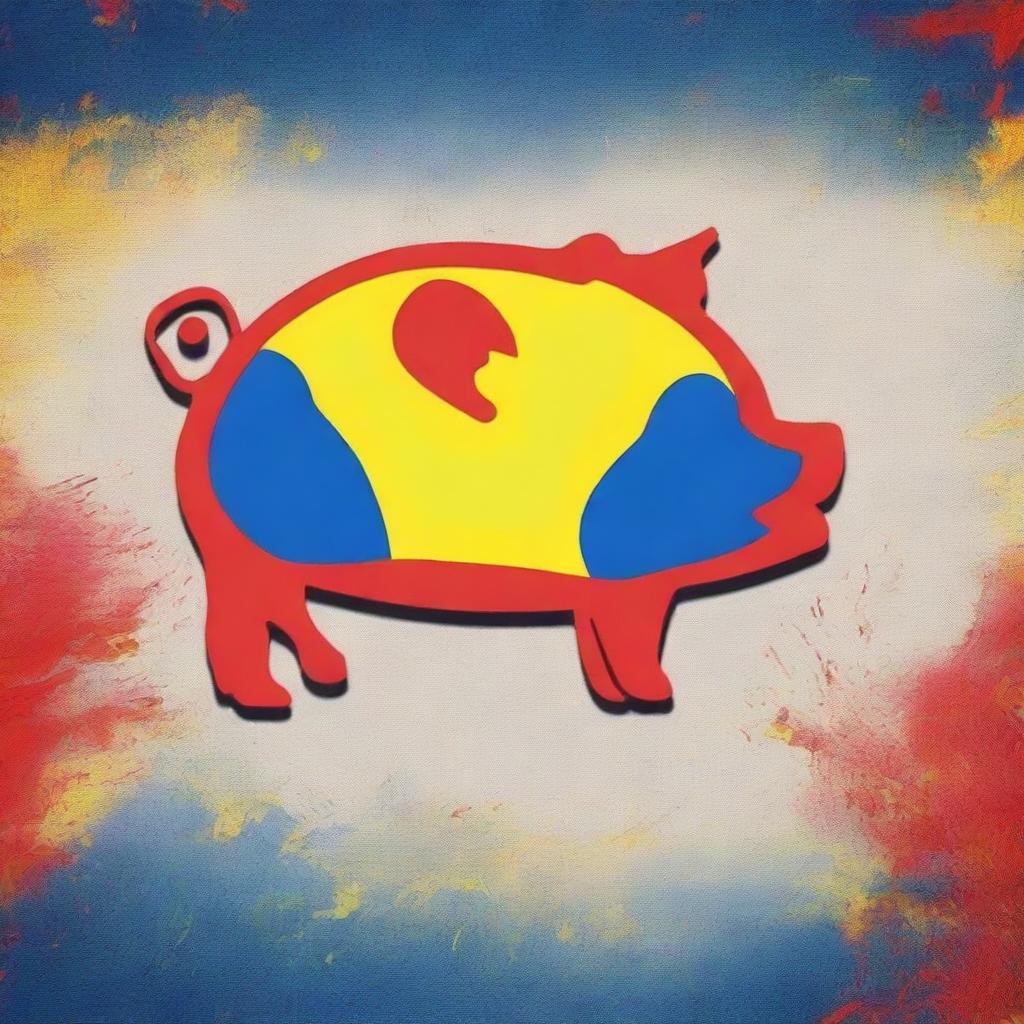 A high-quality digital art of a pig emblem, dynamically painted with a mix of red, blue, and yellow colors