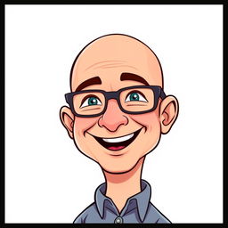 A cartoon depiction of Jeff Bezos with a joyful expression, showcasing his signature bald head and glasses