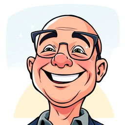 A cartoon depiction of Jeff Bezos with a joyful expression, showcasing his signature bald head and glasses