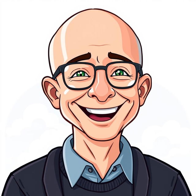 A cartoon depiction of Jeff Bezos with a joyful expression, showcasing his signature bald head and glasses