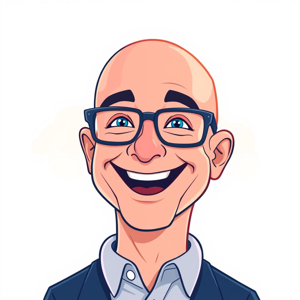 A cartoon depiction of Jeff Bezos with a joyful expression, showcasing his signature bald head and glasses