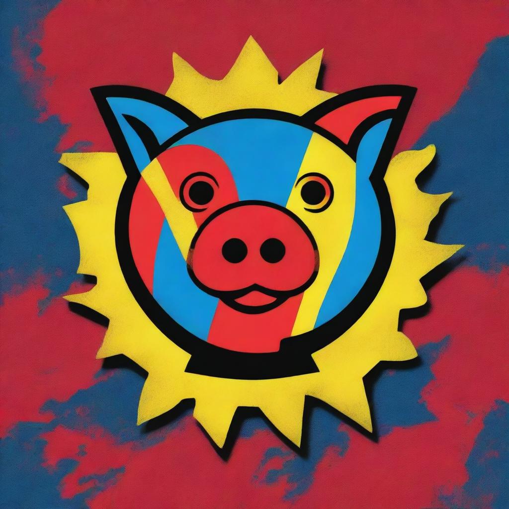 A high-quality digital art of a pig emblem, dynamically painted with a mix of red, blue, and yellow colors