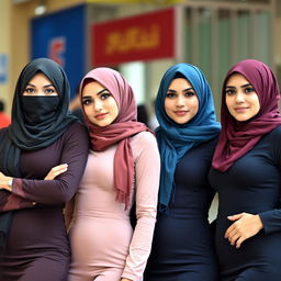 Four attractive Arab Muslim women wearing stylish burqas and hijabs that elegantly frame their covered faces