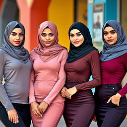 Four attractive Arab Muslim women wearing stylish burqas and hijabs that elegantly frame their covered faces