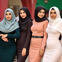 Four attractive Arab Muslim women wearing stylish burqas and hijabs that elegantly frame their covered faces