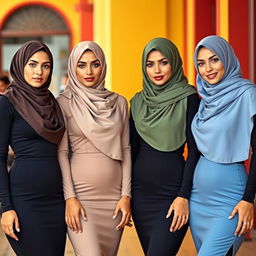 Four attractive Arab Muslim women wearing stylish burqas and hijabs that elegantly frame their covered faces