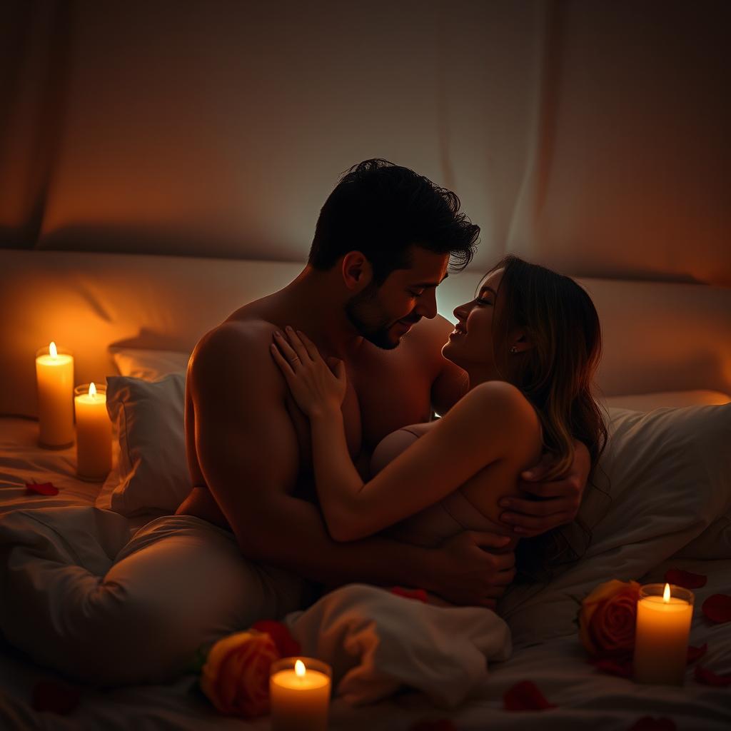 A romantic and intimate scene of a couple making love, surrounded by soft candlelight that casts a warm glow