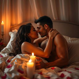 A romantic and intimate scene of a couple making love, surrounded by soft candlelight that casts a warm glow
