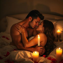 A romantic and intimate scene of a couple making love, surrounded by soft candlelight that casts a warm glow