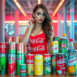 A stunning Slavic woman, exuding elegance and style, poses amidst a vibrant display of various Coca-Cola cans featuring a rainbow of flavors such as cherry, vanilla, and lime