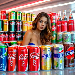 A stunning Slavic woman, exuding elegance and style, poses amidst a vibrant display of various Coca-Cola cans featuring a rainbow of flavors such as cherry, vanilla, and lime