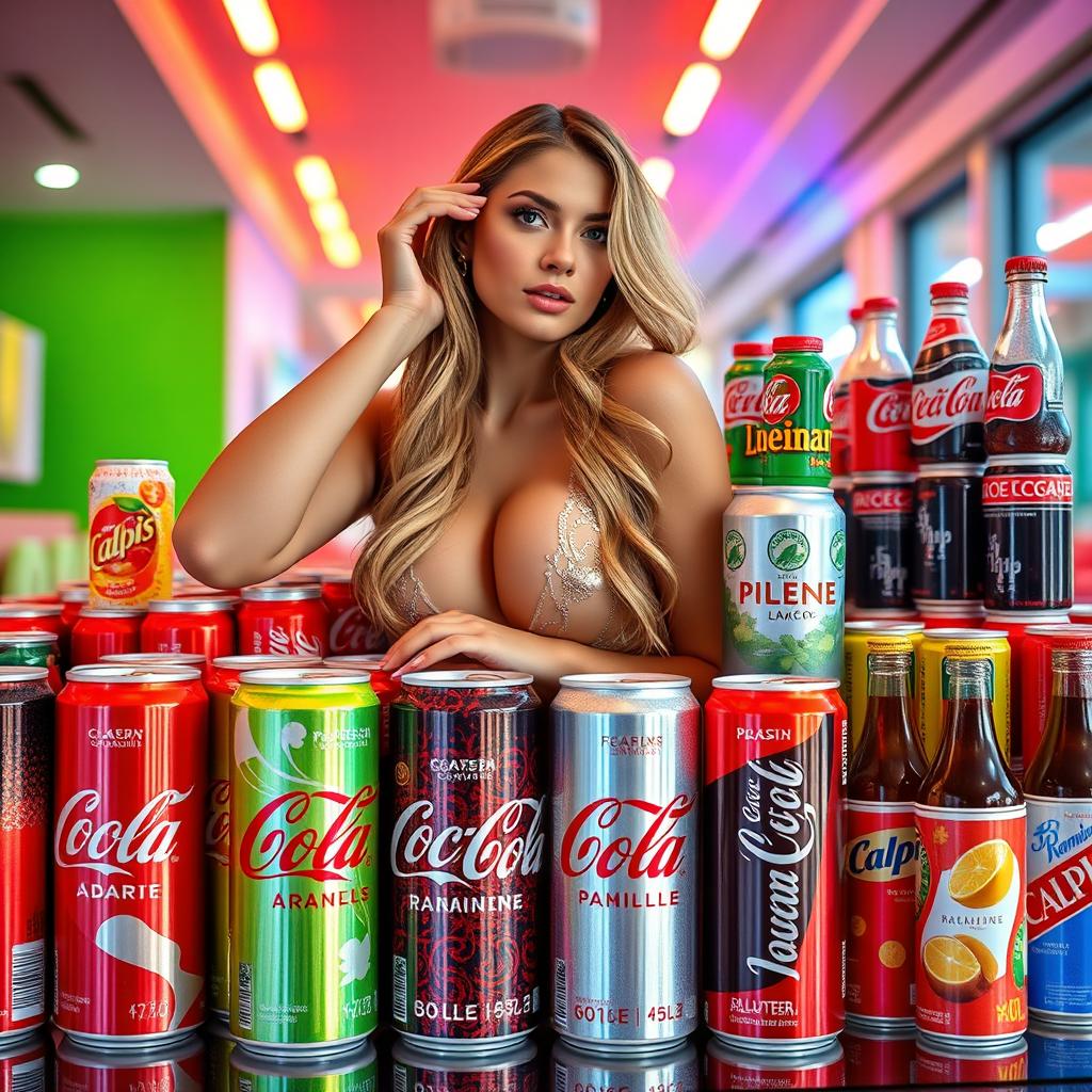 A stunning Slavic woman, exuding elegance and style, poses amidst a vibrant display of various Coca-Cola cans featuring a rainbow of flavors such as cherry, vanilla, and lime