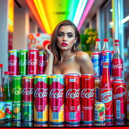 A stunning Slavic woman, exuding elegance and style, poses amidst a vibrant display of various Coca-Cola cans featuring a rainbow of flavors such as cherry, vanilla, and lime