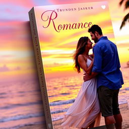 A romance book cover featuring a passionate couple embracing on a beach at sunset