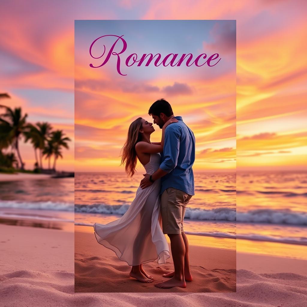 A romance book cover featuring a passionate couple embracing on a beach at sunset