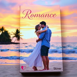 A romance book cover featuring a passionate couple embracing on a beach at sunset