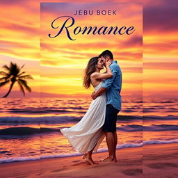 A romance book cover featuring a passionate couple embracing on a beach at sunset