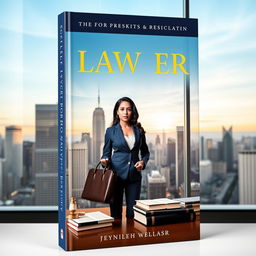 A dynamic book cover featuring a confident lawyer standing in a modern office space