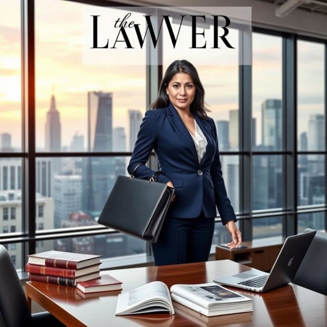 A dynamic book cover featuring a confident lawyer standing in a modern office space
