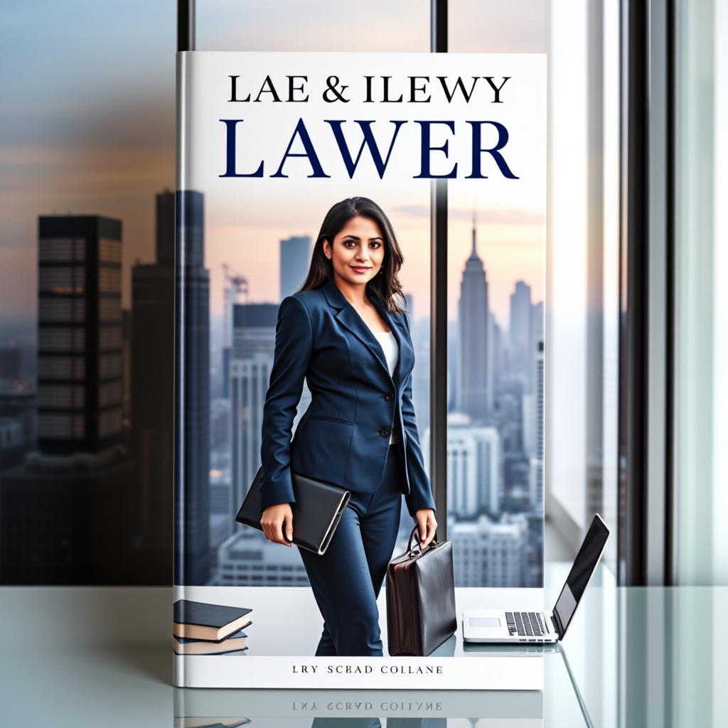 A dynamic book cover featuring a confident lawyer standing in a modern office space