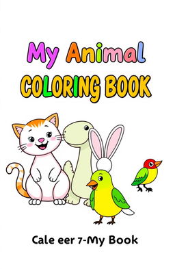 A cheerful and engaging coloring book cover designed for young children, featuring adorable and friendly illustrations of various animals such as a playful cat, a smiling dinosaur, a hopping bunny, and a colorful bird