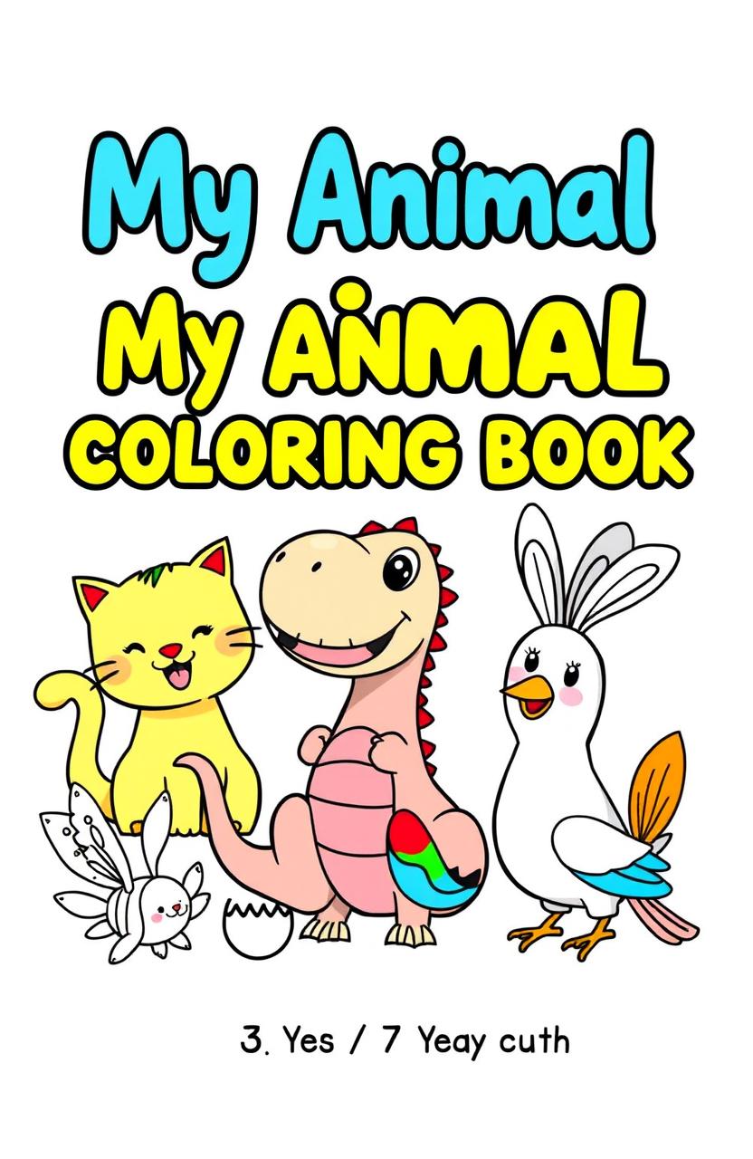 A cheerful and engaging coloring book cover designed for young children, featuring adorable and friendly illustrations of various animals such as a playful cat, a smiling dinosaur, a hopping bunny, and a colorful bird