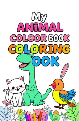 A cheerful and engaging coloring book cover designed for young children, featuring adorable and friendly illustrations of various animals such as a playful cat, a smiling dinosaur, a hopping bunny, and a colorful bird