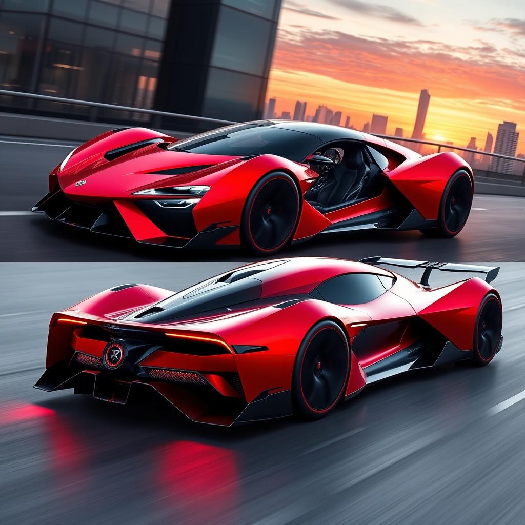 An original hypercar design featuring a sleek, aerodynamic body with sharp lines and futuristic aesthetics