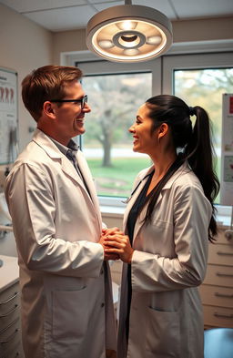 Two dentists are in a cozy dental office setting, sharing a moment of laughter and connection