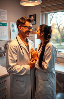 Two dentists are in a cozy dental office setting, sharing a moment of laughter and connection