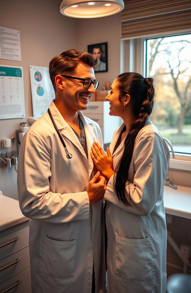 Two dentists are in a cozy dental office setting, sharing a moment of laughter and connection