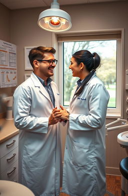 Two dentists are in a cozy dental office setting, sharing a moment of laughter and connection