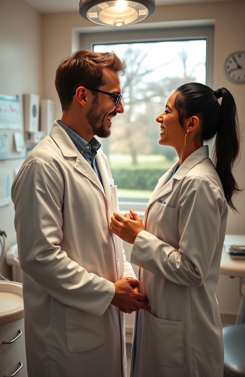 Two dentists are in a cozy dental office setting, sharing a moment of laughter and connection