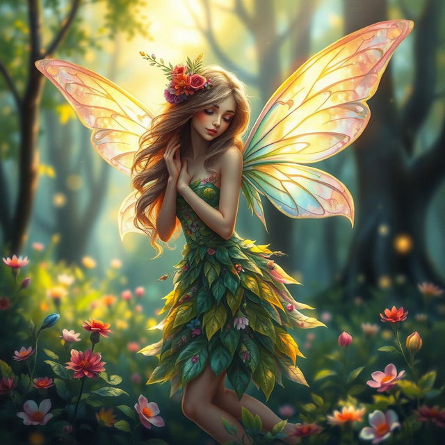 A mystical fairy in an enchanting forest, portrayed in a vibrant oil painting style