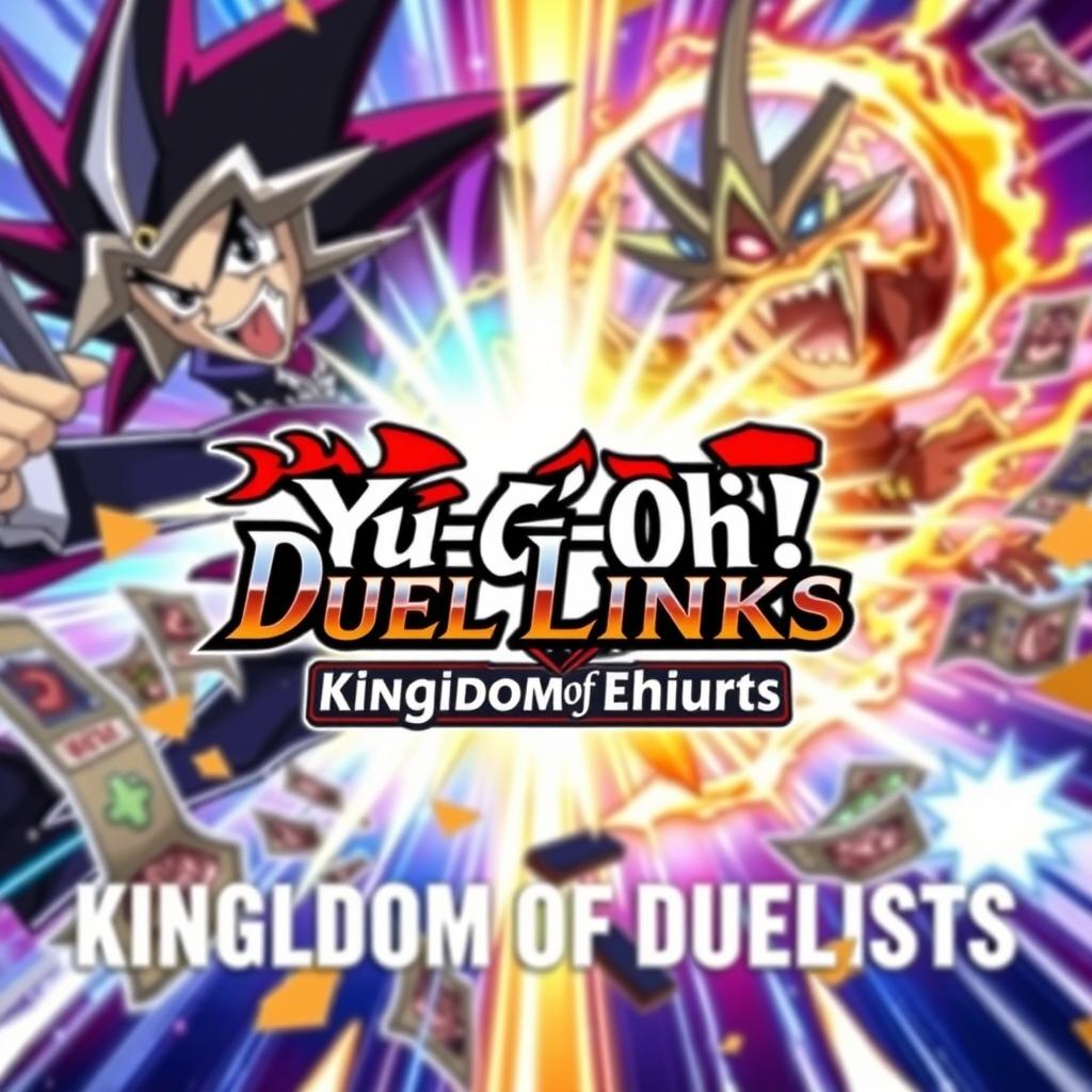 A vibrant and action-packed YouTube thumbnail for 'Yu-Gi-Oh! Duel Links: Kingdom of Duelists'