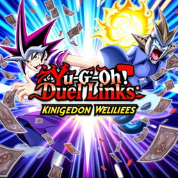 A vibrant and action-packed YouTube thumbnail for 'Yu-Gi-Oh! Duel Links: Kingdom of Duelists'