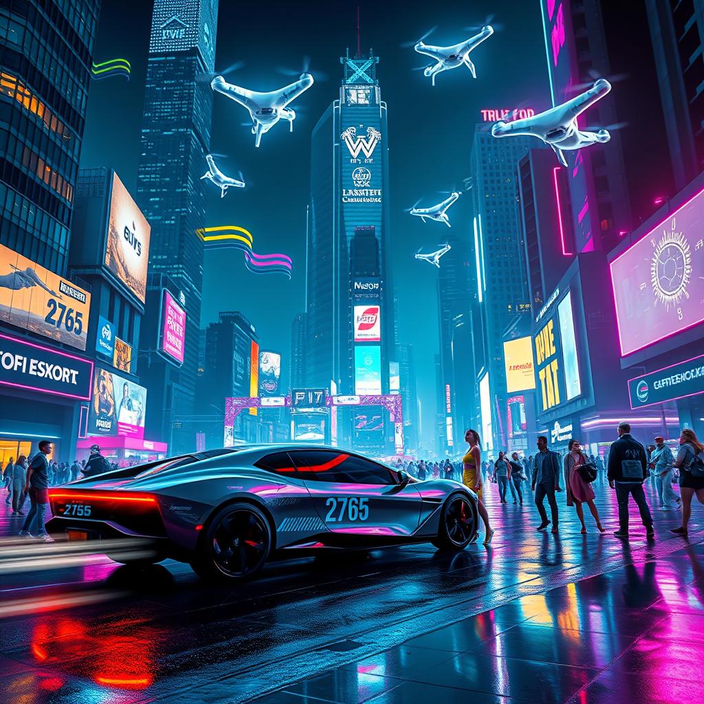 A stunning, futuristic cityscape featuring towering skyscrapers, vibrant neon lights, and bustling streets filled with people and flying cars