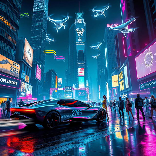 A stunning, futuristic cityscape featuring towering skyscrapers, vibrant neon lights, and bustling streets filled with people and flying cars