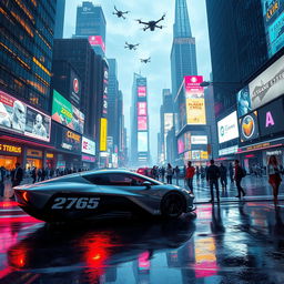 A stunning, futuristic cityscape featuring towering skyscrapers, vibrant neon lights, and bustling streets filled with people and flying cars