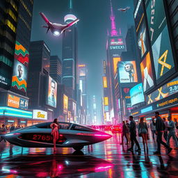 A stunning, futuristic cityscape featuring towering skyscrapers, vibrant neon lights, and bustling streets filled with people and flying cars