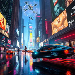 A stunning, futuristic cityscape featuring towering skyscrapers, vibrant neon lights, and bustling streets filled with people and flying cars