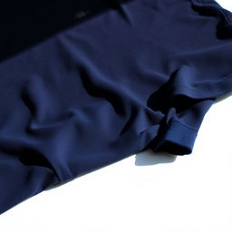 a navy blue polo shirt, neatly folded on a white surface, with soft fabric texture, subtle wrinkles, and a small classic logo embroidered on the left chest area, natural light illuminating the shirt, focusing on the rich color and details of the collar and buttons