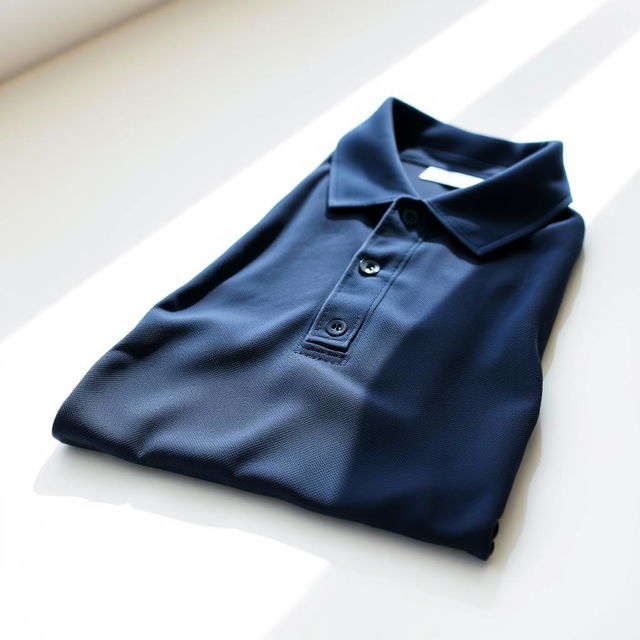 a navy blue polo shirt, neatly folded on a white surface, with soft fabric texture, subtle wrinkles, and a small classic logo embroidered on the left chest area, natural light illuminating the shirt, focusing on the rich color and details of the collar and buttons