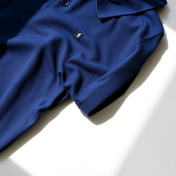 a navy blue polo shirt, neatly folded on a white surface, with soft fabric texture, subtle wrinkles, and a small classic logo embroidered on the left chest area, natural light illuminating the shirt, focusing on the rich color and details of the collar and buttons
