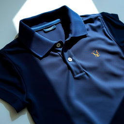 a navy blue polo shirt, neatly folded on a white surface, with soft fabric texture, subtle wrinkles, and a small classic logo embroidered on the left chest area, natural light illuminating the shirt, focusing on the rich color and details of the collar and buttons
