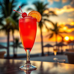 A vibrant cocktail named 'Paradise Fire,' featuring a stunning blend of orange juice, cranberry juice, and vodka